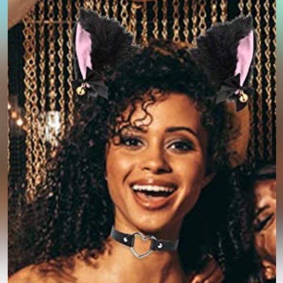 NWT Cat Ears + Choker Set Black & Pink Cute Bell Furry Ears Heart Necklace Goth - Picture 4 of 4